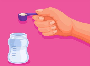 Elinde kaşıkla süt tozu şişeye. bebek sütü sembolü çizgi film çizim vektörü