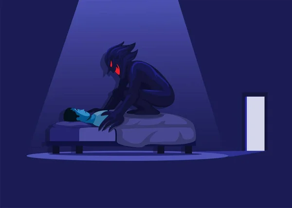 Schlaflähmung Mit Dämon Bett Albtraum Horrorszene Illustration Vektor — Stockvektor