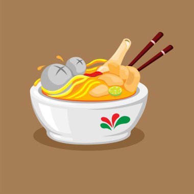 Mie kocok baso, Endonezya illüstrasyon vektörü Bandung 'dan geleneksel yemeğin üzerine sığır eti konmuş köfteli erişte.