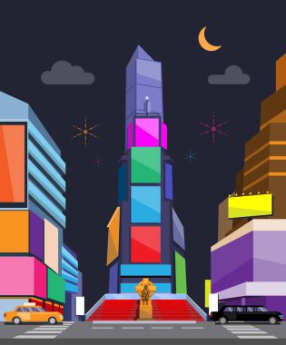 Renkli reklamlı New York Time Squre gece çizim karikatür vektörü binasında