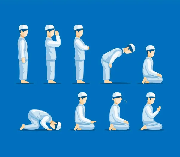 Musulman Mâle Prier Pose Instruction Symbole Collection Icône Jeu Dessin — Image vectorielle