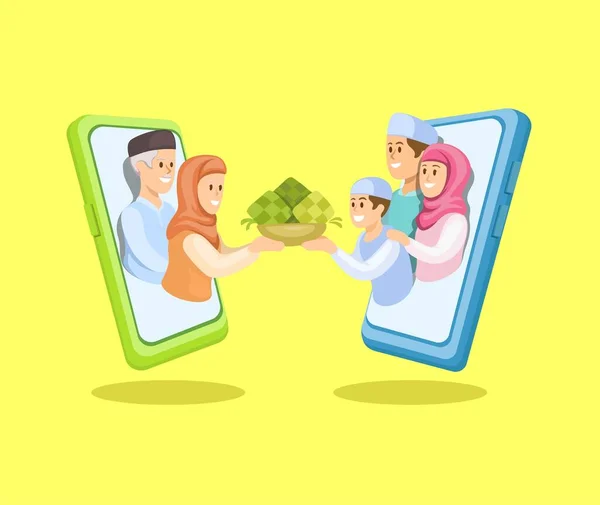 Réunion Famille Salutation Ramadan Sur Smartphone Argile Dessin Animé Vecteur — Image vectorielle