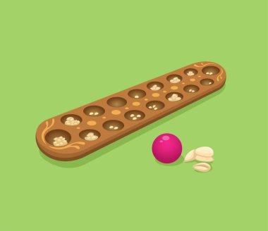 Mancala namı diğer congklak geleneksel Endonezya masa oyunu ahşap çizgi film illüstrasyon vektöründe yapılır.
