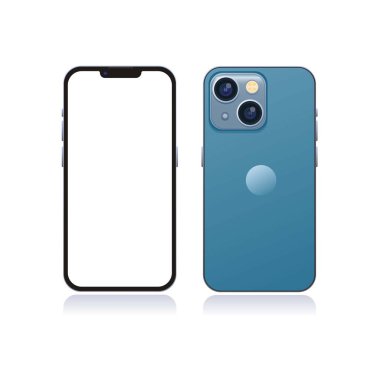 Apple iPhone 13 önü ve arkası mavi renk modelleme şablonu çizim vektörü