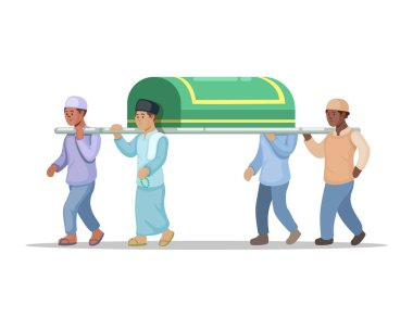 Müslüman cenazesi, tabutu taşıyan kişi İslam dini karikatür illüstrasyon vektöründe mezarlığa taşınıyor.