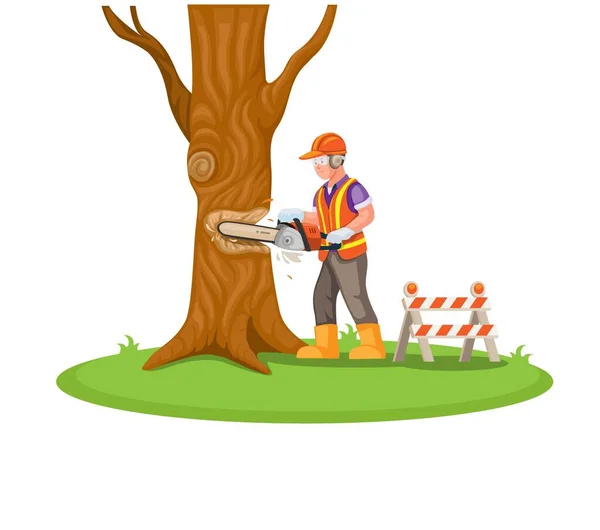 Byggarbetare Hugger Träd Med Motorsåg Träd Loggning Aktivitet Tecknad Illustration — Stock vektor