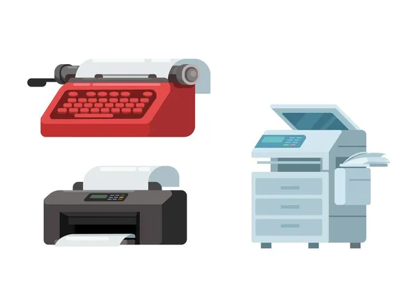 Vintage Typewritter Impressora Máquina Fotocópia Conjunto Escritório Vetor Ilustração — Vetor de Stock