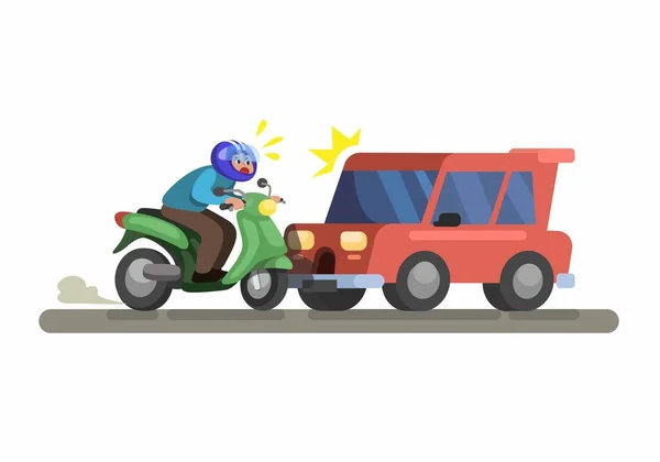 Accidente Accidente Coche Golpear Moto Escena Dibujos Animados Vector Ilustración — Vector de stock