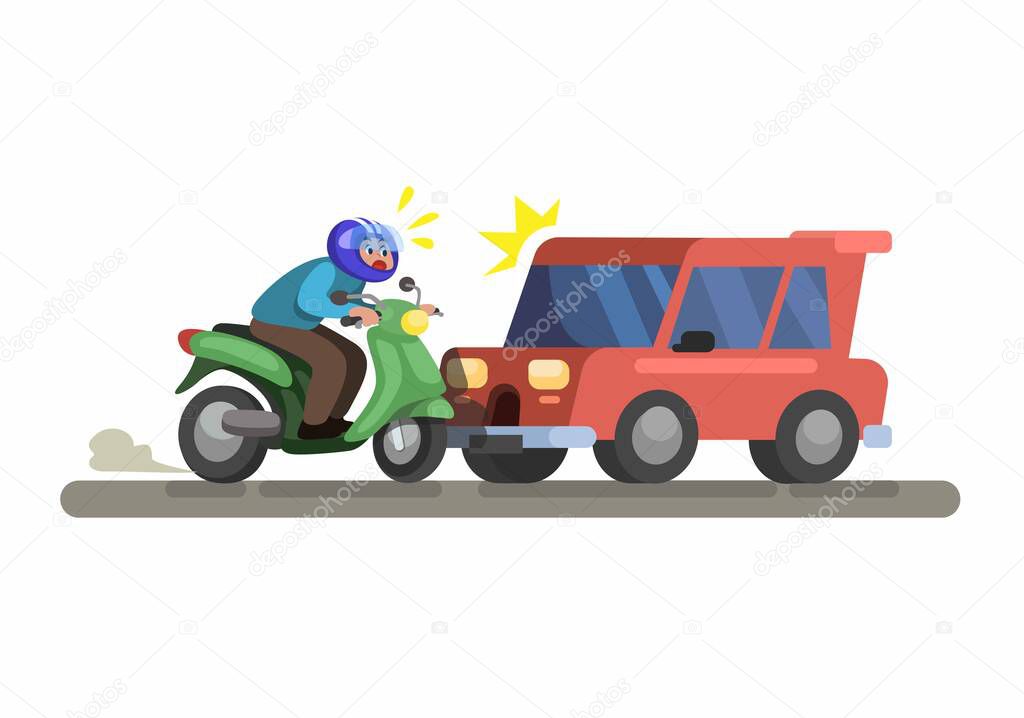 Accidente de accidente de coche golpear moto escena de dibujos animados