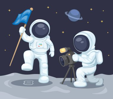 Astronot ayda fotoğraf çeker. uzay keşfi belgeleme sahne illüstrasyon vektörü