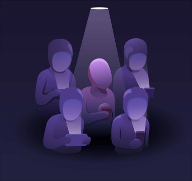 Gruptakiler sahne ışıklarıyla bağımlılık yapıyor. teknoloji zihinsel sağlık sorunu sahne çizgi film çizim vektörü