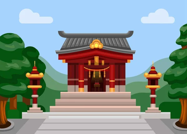 Japanese Shrine Shinto religion prayer building scene cartoon illustration vector