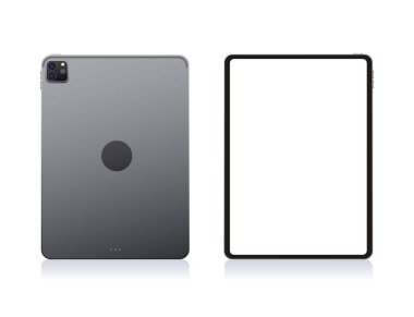 Bandung, Endonezya 7 Temmuz 2022: Ipad Pro Tablet kavramı geri ve ön boş görünüm modeli gerçekçi illüstrasyon düzenlenebilir vektörü