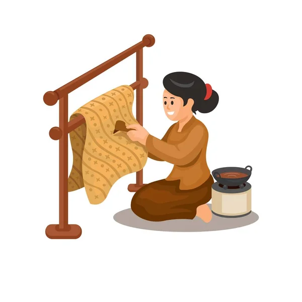 Geleneksel Batik Kumaş Çizim Vektörü Yapan Kadın — Stok Vektör