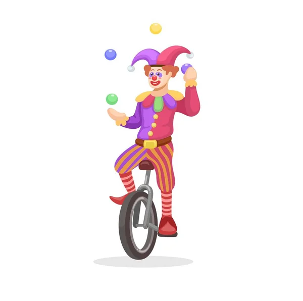 Clown Juggling Ball While Riding Unicycle One Wheeled Bicycle Cartoon — Stockvektor