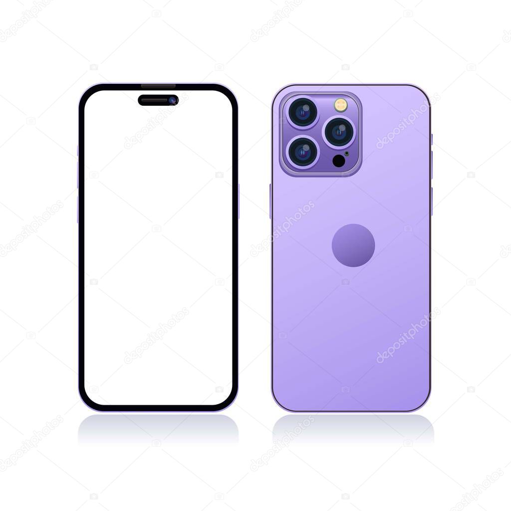 illustration of new iPhone 14 Pro Max in purple color mockup template editable vector