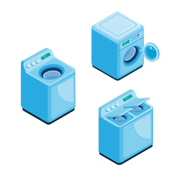 Wasmachine Verzameling Set Isometrische Illustratie Vector — Stockvector