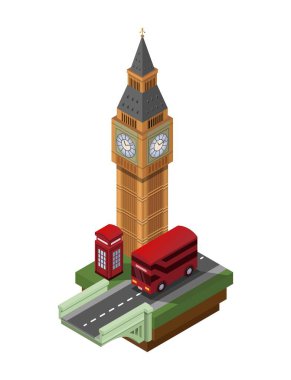 Telefon kulübesi ve çift katlı otobüs ile Big Ben binası Londra, İngiltere illüstrasyon izometrik vektörü