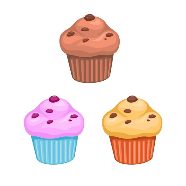 Muffin Cupcake Con Gocce Cioccolato Raccolta Snack Dessert Set Illustrazione — Vettoriale Stock