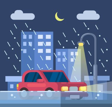 Yağmurlu bir gecede araba ve sel felaketi görüntü vektörü