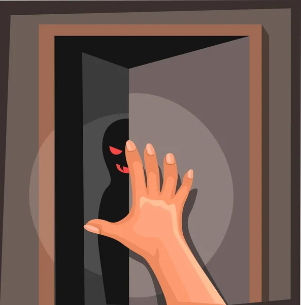 Fremde Silhouette Hinter Tür Zimmer Szene Cartoon Illustration Vektor — Stockvektor