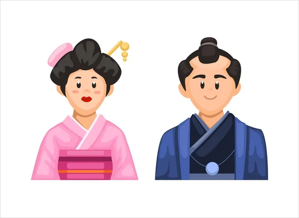 Japonês Tradicional Kimono Casamento Uniforme Casal Personagem Conjunto Ilustração Vetor — Vetor de Stock
