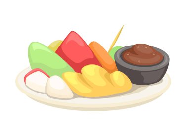 Rujak, Asya çizgi film çizim vektörlerinde popüler olan fıstık soslu meyve salatasıdır.