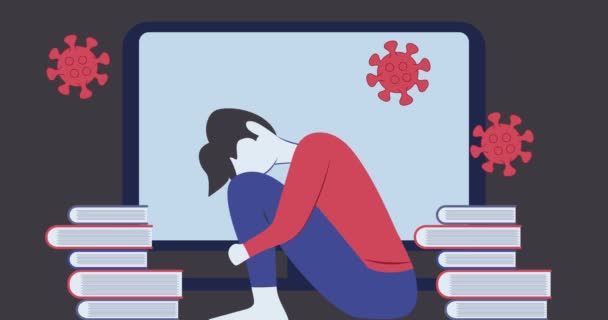 Fogalmi Illusztráció Animáció Otthoni Tanuláshoz Stresszes Tinédzser Fiú Pandémiás Helyzet — Stock videók