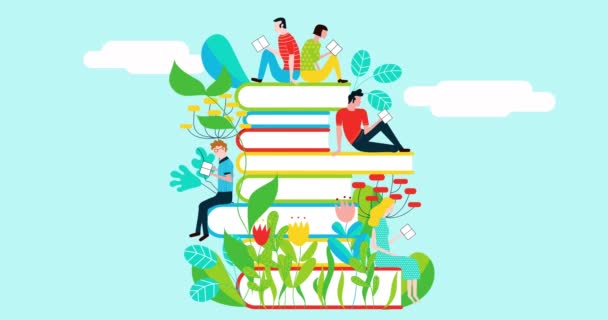 Счастливые Люди Читающие Стопке Книг Саду Цветнике Красочная Иллюстрированная Анимация — стоковое видео