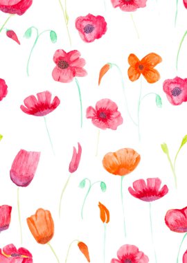 Hand painted with watercolor brush seamless pattern with red and orange poppies illustration isolated on white background