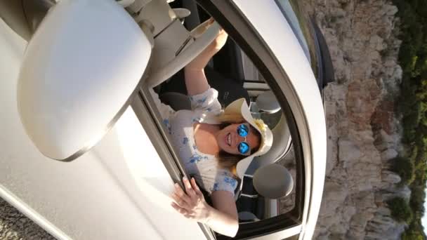 Happy Young Woman Hat Cabriolet — Stock Video