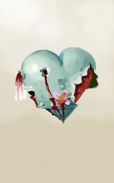 Zırhlı Kalbin Çizimi Yaralı Kalp Yaralı Kalp Delikli Kalp Eski — Stok fotoğraf