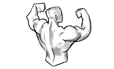 Basit gölgeleri olan kaslı bir adamın 2D sanat eskizi. Vücut geliştirici arkası bize dönük duruyor ve kaslarını gösteriyor. Kollarını kaldırıp dirseğinden sıkıyor.