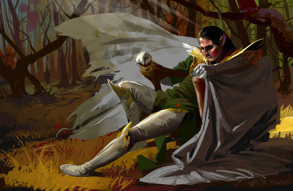 2D иллюстрация, персонаж, миф, сказка, лес, пикси, человек, миф, фигура, портрет, магия, люди, сидеть, дерево, скелеты, герой, фон, красота, Мбаппе, фантазия