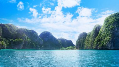 Beautiful view of Maya bay in Krabi, Thailand. Wonderful turqoise sea at andaman sea