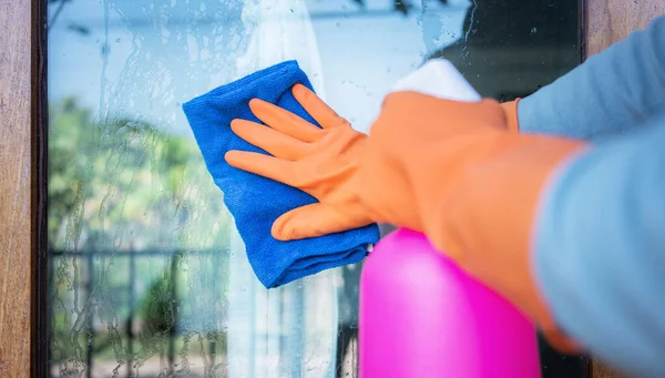 Woman gloved hand cleaning window with cleaning sprayer.
