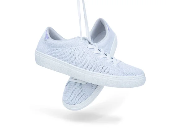 Pair White Female Fashion Sneakers Isolated White Background Clipping Path Imágenes De Stock Sin Royalties Gratis