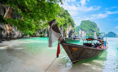Long Tail Boats at Lading Island or Paradise Island in Krabi, Thailand. Wonderful beach at andaman sea
