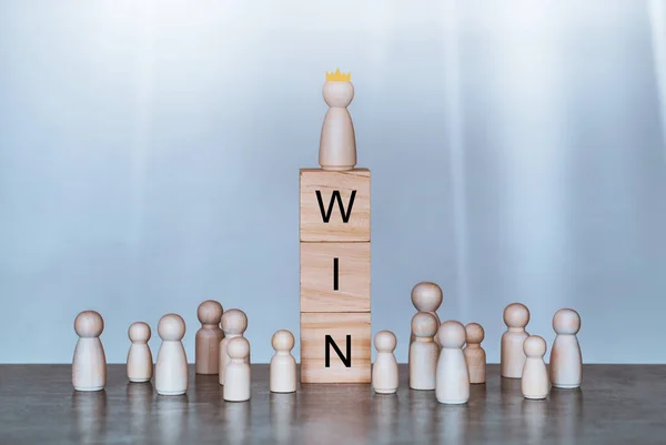 Champion Win Concept Wood Block Word Win Wooden Doll Business — Foto de Stock