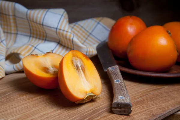 Composition Ripe Delicious Whole Persimmon Fruits Half Sliced Fruit Ready — Stock Photo, Image