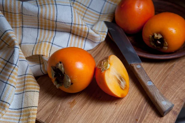 Composition Ripe Delicious Whole Persimmon Fruits Half Sliced Fruit Ready — Stock Photo, Image