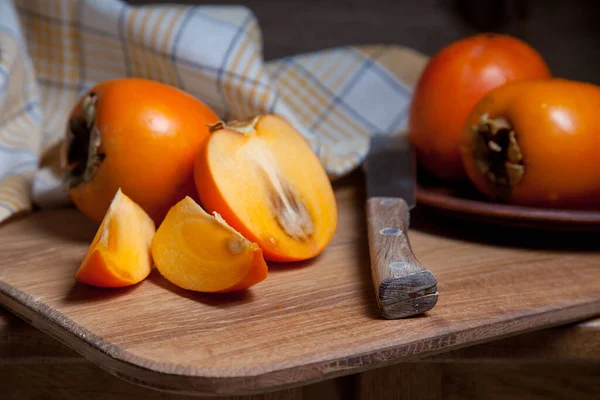 Composition Ripe Delicious Whole Persimmon Fruits Half Sliced Fruit Ready — Stock Photo, Image