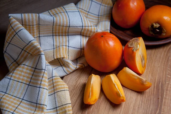 Composition Ripe Delicious Whole Persimmon Fruits Half Sliced Fruit Ready — Stock Photo, Image