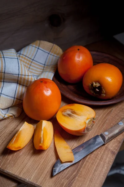 Composition Ripe Delicious Whole Persimmon Fruits Half Sliced Fruit Ready — 스톡 사진