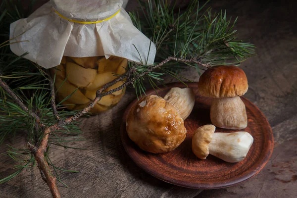 Crop Forest Edible Mushrooms Composition Clay Plate Three Porcini Mushrooms — Stock Photo, Image