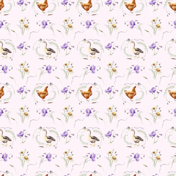 Watercolor Farm Poultry Yard Birds Seamless Pattern Surface Pattern Design — Stock Photo, Image