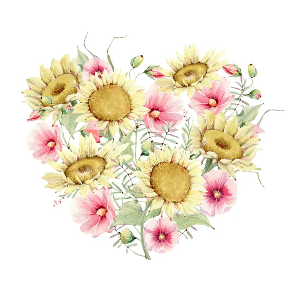 Coração Dia Dos Namorados Elegante Flores Aquarela Isolado Fundo Branco — Fotografia de Stock