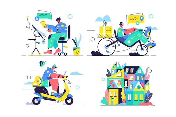 Designer paint, courier deliver package, guy on scooter, housing complex — Stock Vector