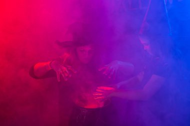 İki cadılar bayramı cadısı Cadılar Bayramı 'nda iksir ve büyü yapıyor. Sihir, tatiller ve mistik kavramlar.