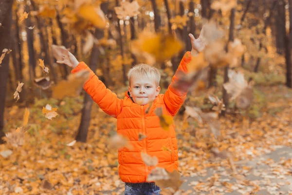 O rapaz vomita folhas caídas em um contexto da paisagem de outono. Conceito de infância, queda e natureza. — Fotografia de Stock